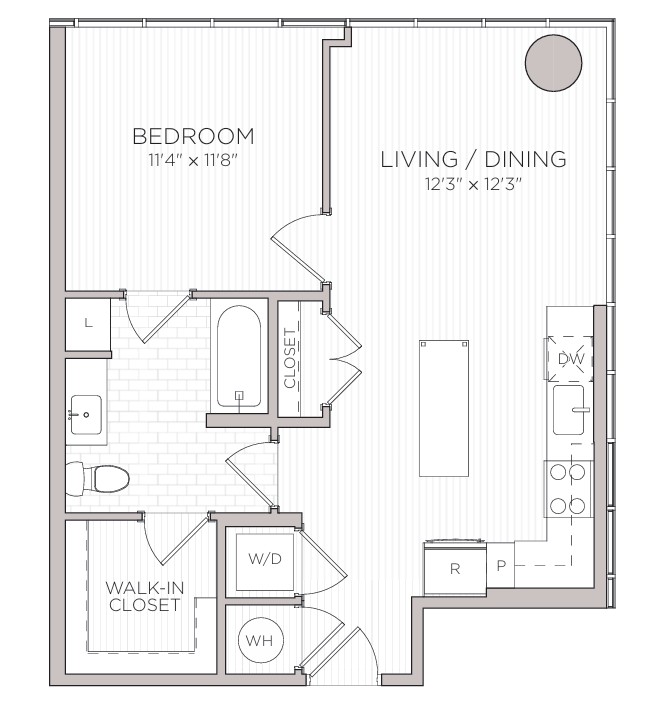 Floor plan for 1 bed, 1 bath, 694 sqft